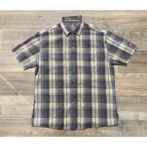 Kuhl Shirt Mens XL Brown Gray Plaid Skorpio Linen Blend Short Sleeve Button